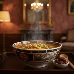 Peut inclure: Un bol fumant de soupe aux pois chiches et aux herbes, présenté sur un plateau en bois avec un petit bol de dattes et une cuillère en bois. Le bol a un bord décoratif avec des motifs rouges, noirs et verts.