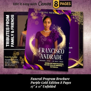 May include: A funeral program brochure with a purple and gold design. The brochure features a portrait of a woman and the text "In Loving Memory of Francisco Andrade." The brochure is 17" x 11" unfolded and has 8 pages.