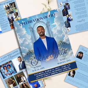 Könnte beinhalten: Ein Gedenkgottesdienstprogramm mit blauem und weißem Design. Das Cover zeigt ein Foto eines Mannes in einem blauen Anzug mit dem Text "Celebration of Life" und dem Namen "John Wick". Zusätzliche Seiten enthalten Fotos und Text.