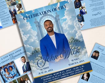 Blue Funeral Program Template, Elegant Memorial (17x11) (Digital Download)