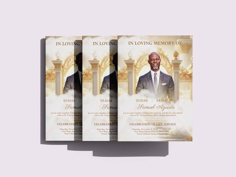 May include: A stack of memorial cards with a portrait of a man in a suit, framed by ornate gold architectural elements. The cards read "In Loving Memory of Samuel Aguado" with dates and details for a Celebration of Life Service.
