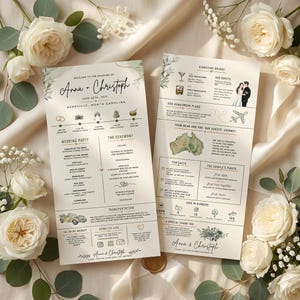 May include: Two rectangular wedding program cards with cream backgrounds, black text, and green botanical accents. The cards detail the wedding schedule, ceremony order, bridal party, signature drinks, honeymoon plans, and fun facts for Anna and Christoph.