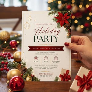 May include: A cream-colored holiday party invitation card featuring a red poinsettia, pine branches, and pinecones. The text reads: Please join us for a Holiday Party, Your Company Name Here, 18 Dec, 6 PM, The Grand Oak Hall, and RSVP to Sarah.