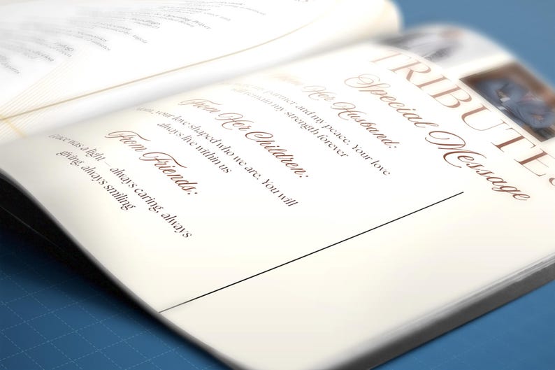 May include: An open book with a special message titled "Tributes". The text is in a brown script font on a cream-colored page. The message includes phrases like "From Her Husband" and "From Friends". The background is a blurred blue.