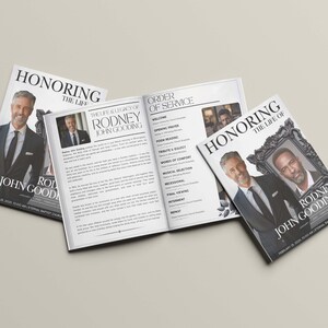 Op de afbeelding: Een uitvaartprogramma-boekje getiteld Honoring the Life of Rodney John Gooding, met een portret van een man in een pak, een lijst met de volgorde van de dienst en biografische tekst. Het ontwerp bevat een zwarte, sierlijke kaderafbeelding.