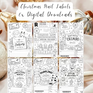 Pode incluir: Seis etiquetas de correio de Natal digitais em preto e branco com ilustrações festivas de Pai Natal, renas, personagens Roblox, Patrulha Pata e dumplings. Cada etiqueta inclui secções 'De' e 'Para', carimbos do Polo Norte e gráficos festivos.