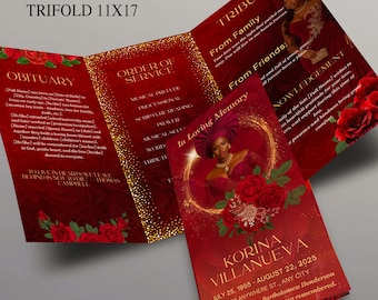 Red Roses Funeral Program | Trifold Obituary Template (Canva Editable)