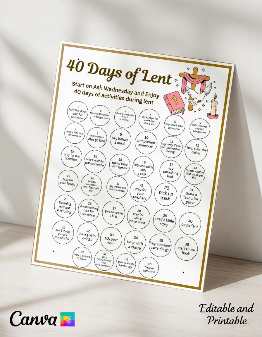 40 Days of Lent Countdown Calendar, Kids Lenten Activity (digital ...