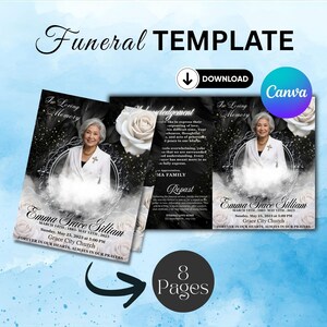 K&ouml;nnte beinhalten: Eine Vorlage f&uuml;r ein Trauerprogramm mit schwarzem Hintergrund, wei&szlig;en Rosen, einem kreisf&ouml;rmigen Rahmen und einem Foto einer Person im wei&szlig;en Blazer. Der Text enth&auml;lt In Loving Memory, Emma Grace Silliam, 14. M&auml;rz 1885-13. Mai 2023 und Grace City Church.
