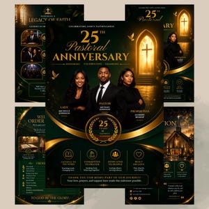 May include: A dark green and gold flyer for a 25th pastoral anniversary. It features portraits of three individuals, a glowing church archway with a cross, and text including 25th Pastoral Anniversary, Lady Michelle Johnson, Pastor Michael Johnson, and Prophetess Jasmine Bishop.
