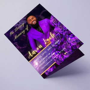 May include: A purple memorial card with a photo of a smiling man in a purple suit. The card includes the text "In Loving Memory of Aaron Loeb" and dates of birth and death, along with event details.