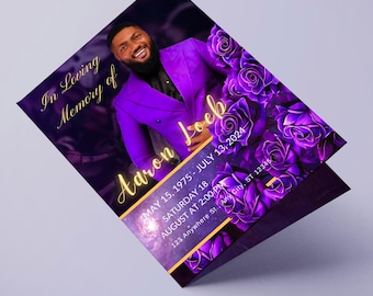 May include: A purple memorial card with a photo of a smiling man in a purple suit. The card includes the text "In Loving Memory of Aaron Loeb" and dates of birth and death, along with event details.