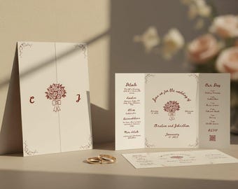 Whimsical Hand Drawn Gatefold Wedding Invitation, Editable Canva Trifold Folded Wedding, Classic Floral Invite Booth Strip Folded Invitation