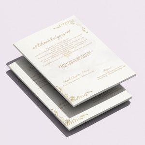 May include: Two stacked, off-white memorial cards with gold decorative borders and text. The top card reads "Acknowledgement" and includes text about the family of Samuel Jacobs. The bottom card is partially visible, with similar text and design.