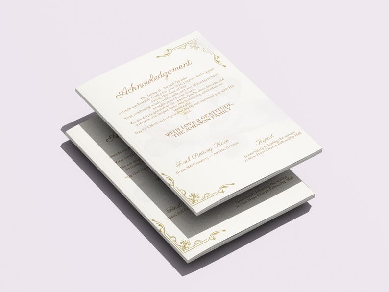 May include: Two stacked, off-white memorial cards with gold decorative borders and text. The top card reads "Acknowledgement" and includes text about the family of Samuel Jacobs. The bottom card is partially visible, with similar text and design.