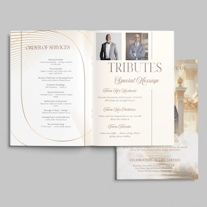 May include: A funeral program with a gold and white design. The open program displays the "Order of Services" and "Tributes" sections, with photos and text. A smaller card shows the "Celebration of Life Service" details.