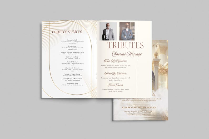 May include: A funeral program with a gold and white design. The open program displays the "Order of Services" and "Tributes" sections, with photos and text. A smaller card shows the "Celebration of Life Service" details.
