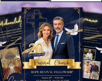 May include: A digital 8-page church anniversary program template editable in Canva. The design features a dark blue background with gold accents, a cross, a white dove, and text reading 20th Anniversary, Pastoral Church, and Hope Revival Fellowship.