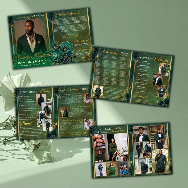 Green & Gold Roses Funeral Program, 8-page Celebration of Life Template ...