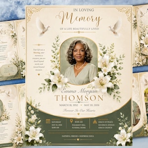May include: A funeral program template featuring a portrait of a woman in a central arch, surrounded by white lilies and flying doves. The text reads In Loving Memory, Emma Morgan Thomson, dates, and service details on a cream and green background.