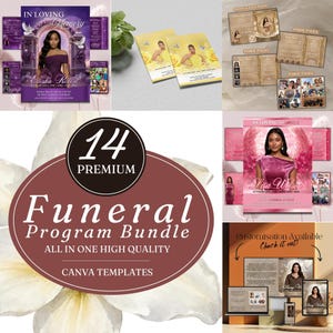 K&ouml;nnte beinhalten: Eine Sammlung von 14 Premium-Canva-Vorlagen f&uuml;r Trauerprogramme in verschiedenen Farbschemata wie Lila, Gelb, Pink und Gold. Jede Vorlage zeigt ein Portr&auml;t einer Person, Gedenktexte und Fotocollagen f&uuml;r Trauerfeiern und Gedenkveranstaltungen.