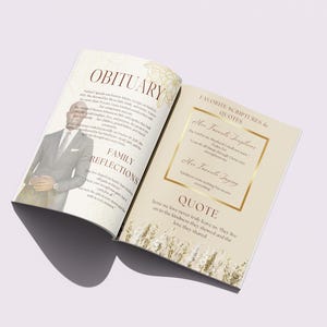 May include: An open obituary booklet with the title "OBITUARY" and "FAMILY REFLECTIONS" on the left page. The right page features "FAVORITE SCRIPTURES & QUOTES" and a quote. The booklet has a beige background with gold accents and a photo of a person.