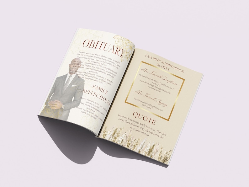 May include: An open obituary booklet with the title "OBITUARY" and "FAMILY REFLECTIONS" on the left page. The right page features "FAVORITE SCRIPTURES & QUOTES" and a quote. The booklet has a beige background with gold accents and a photo of a person.