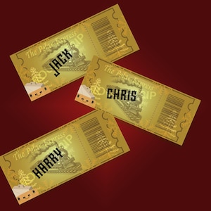 May include: Three golden-colored Polar Express tickets with the names "Jack", "Chris", and "Harry" printed on them. Each ticket features a train illustration, a barcode, and the text "The Polar Express". The tickets are arranged on a red background.