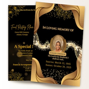 Könnte beinhalten: Eine Gedenkkarte mit schwarzem Hintergrund und goldenen Akzenten. Die Karte enthält den Text "In Loving Memory Of" und ein Porträt von Evelyn Johnson. Zusätzlicher Text enthält Daten und ein Zitat.
