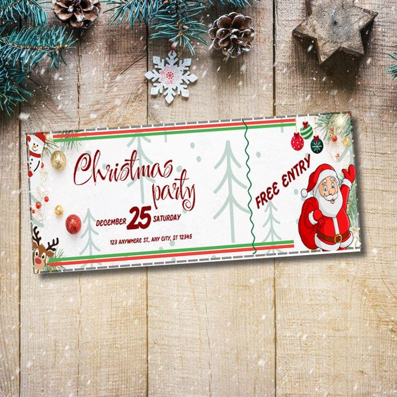 May include: A Christmas party ticket with a festive design. The ticket features the words "Christmas party" in red script, along with "December 25 Saturday" and "Free Entry." Santa Claus and Christmas tree illustrations decorate the ticket.