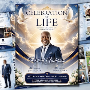 May include: A funeral program template featuring a portrait of a man in a navy suit. The text reads Celebration of Life, Robert Anderson, Sunrise June 20, 20XX, Sunset March 8, 20XX, and Saturday, March 13, 20XX. It includes white doves, clouds, and roses.