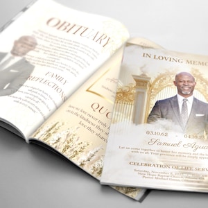 May include: An open obituary booklet with a portrait of a man in a suit. The cover reads "In Loving Memory of Samuel Aguado" with dates and a "Celebration of Life Service" announcement. The inside pages have text and the word "Obituary".