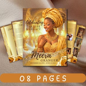 May include: A memorial program in gold and cream tones. The cover displays a smiling woman in gold clothing, with the text "Celebrating The Life & Legacy" and the name "Meera Granger". The program has 8 pages.