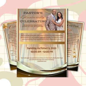May include: A flyer for a Pastor's Anniversary Celebration, honoring John & Lisa Williams. The design features a photo of the couple, gold accents, and event details including the date, time, and a Bible verse. The flyer has a gold and brown color scheme.