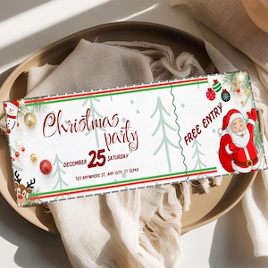 May include: A Christmas party ticket with a festive design. The ticket features the text "Christmas party" in a script font, along with the date "December 25 Saturday". A cartoon Santa Claus and Christmas ornaments decorate the ticket.