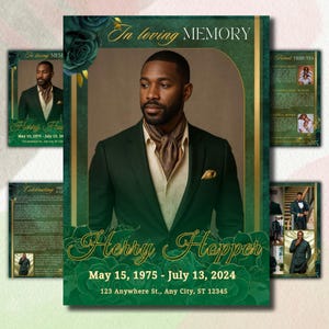 May include: A memorial card featuring a portrait of a man in a dark green suit and patterned scarf. The card includes the text "In Loving Memory" and the name "Herry Hopper" in script, with dates and an address. Green and gold floral accents decorate the design.