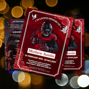 Puede incluir: Una tarjeta conmemorativa roja y negra con un jugador de fútbol americano. La tarjeta incluye el texto "In Loving Memory Of" y el nombre "Methew Austin" con fechas y una invitación a un servicio de despedida.