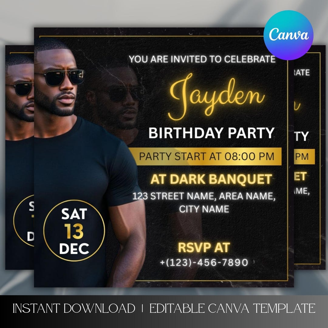 Black & Gold Mens Birthday Invitation | Canva Editable Template ...
