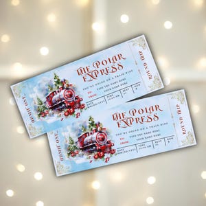 Peut inclure: Deux billets de train Polar Express avec un design vintage. Chaque billet présente un train rouge, des sapins de Noël et le texte "The Polar Express". Les billets sont sur un fond bleu clair.