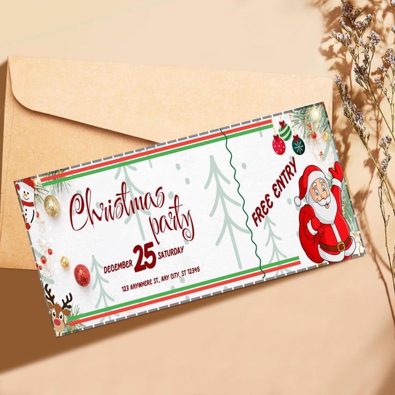 May include: A Christmas party ticket with a festive design. The ticket features a Santa Claus illustration, Christmas tree graphics, and the words "Christmas party" and "Free Entry." The date is December 25, Saturday.