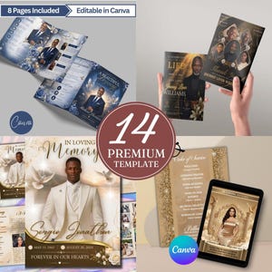 K&ouml;nnte beinhalten: Eine Sammlung von Vorlagen f&uuml;r Trauerprogramme mit verschiedenen Designs in Gold-, Blau- und Schwarzt&ouml;nen. Die Vorlagen enthalten Texte wie In Loving Memory, A Celebration of Life und Order of Service sowie Platzhalter f&uuml;r Fotos von Personen.