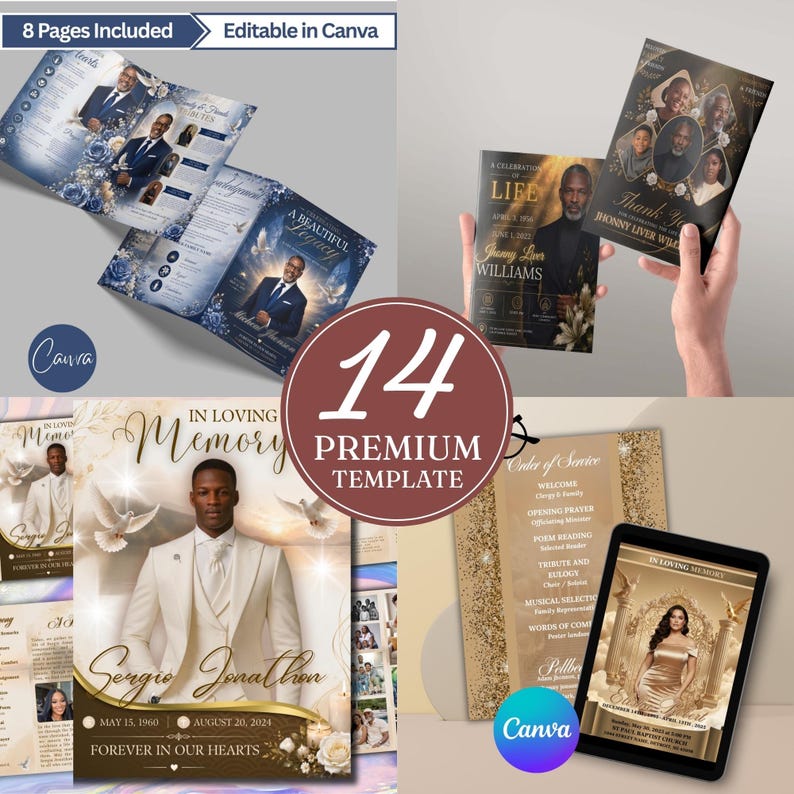 K&ouml;nnte beinhalten: Eine Sammlung von Vorlagen f&uuml;r Trauerprogramme mit verschiedenen Designs in Gold-, Blau- und Schwarzt&ouml;nen. Die Vorlagen enthalten Texte wie In Loving Memory, A Celebration of Life und Order of Service sowie Platzhalter f&uuml;r Fotos von Personen.