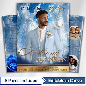 May include: A memorial service program with a light blue theme. The front features a portrait of a man in a light blue suit, with the text "In Loving Memory" and the name "Anthony Johnson". Additional pages include photos and text.