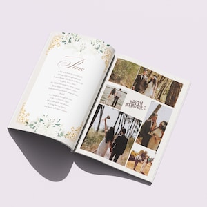 May include: An open wedding photo album with a poem on the left page and several wedding photos on the right. The album has a floral design with gold accents. The words "Happy Memories" are visible.