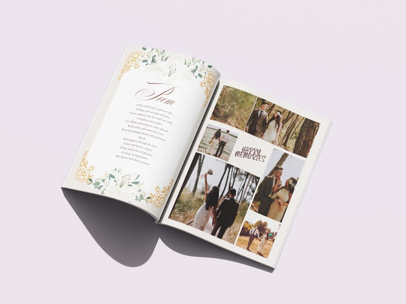 May include: An open wedding photo album with a poem on the left page and several wedding photos on the right. The album has a floral design with gold accents. The words "Happy Memories" are visible.