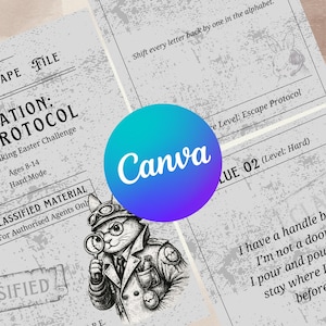 May include: Escape room game materials with a detective cat illustration. The documents feature text like "Escape File," "Easter Challenge," and "Classified Material." A Canva logo is overlaid. The game is for ages 8-14. Includes clues and puzzles.