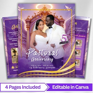 Puede incluir: Un diseño de invitación de Aniversario Pastoral púrpura y dorado con una pareja con atuendo de boda. El diseño incluye el texto "Pastoral Anniversary", fecha, hora y "5th Anniversary". También están presentes las palabras "4 Pages Included" y "Editable in Canva".