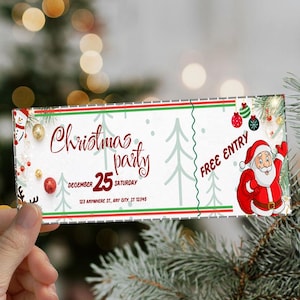 May include: A Christmas party ticket with a red and green border. The ticket features the text "Christmas party" and "December 25 Saturday". A cartoon Santa Claus is on the right side of the ticket. The ticket is held by a hand.