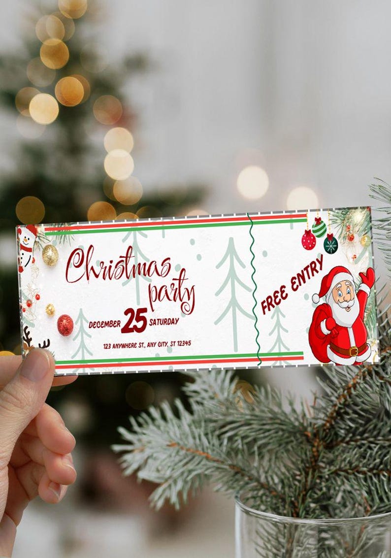 May include: A Christmas party ticket with a red and green border. The ticket features the text "Christmas party" and "December 25 Saturday". A cartoon Santa Claus is on the right side of the ticket. The ticket is held by a hand.