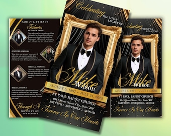 Elegante programa funerario tríptico en negro y dorado / Programa de obituario para celebrar la vida / Programa conmemorativo / En memoria amorosa / Plantilla de Canva